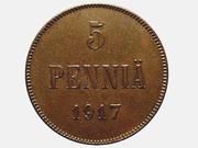 Редкая,  медная монета 5 пенни 1917 года.