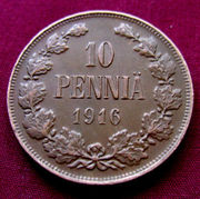  Редкая,  медная монета 10 пенни 1916 года.